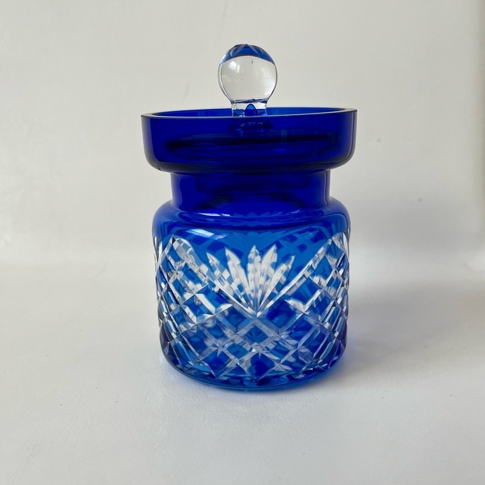 Cobalt Blue Cut To Clear Crystal Biscuit Jar - Picture 11 of 11